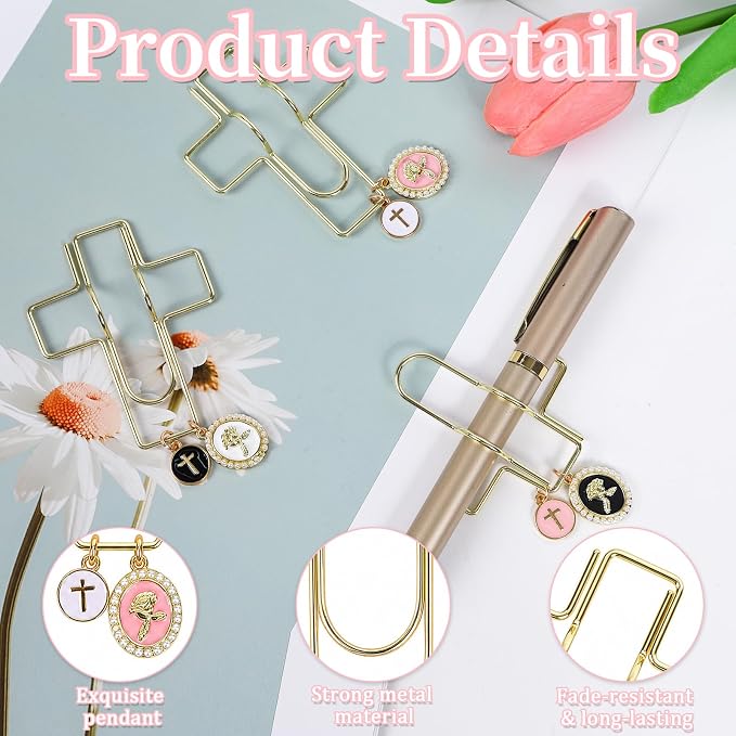 Wxiben Cross Paper Clip Bookmark - 3 Pcs Rose Metal Paperclip Pen Holder Book Mark with Charms Page Marker Planner Decorative Paper Clips Gifts for Women Reading Book Lover School Accessories