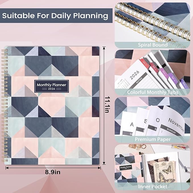 2026 Monthly Planner - Large Monthly Planner 2026, JAN. 2026 - DEC. 2026, 9" x 11", Tabs & Note Pages, Spiral Binding, Thick Paper, Back Pocket