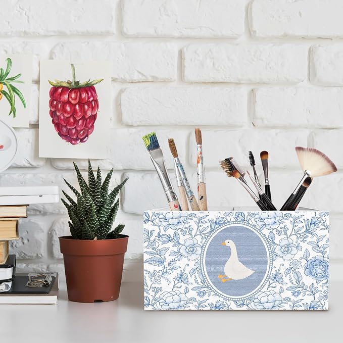 Goose Blue Chinoiserie Floral Pen Pencil Holder for Desk, Goose Nursery Decor, Vintage Blue Flower Geese Wooden Box Sign Desk Decor for Kids Girls Room Nursery Playroom Decoration