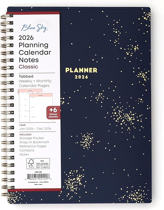 Blue Sky 2026 Weekly and Monthly Planner Calendar, January 2026 - December 2026, 5.875” x 8.625”, Flexible Cover, Storage Pocket, Ruler, Colorful Interior, Includes Extra 30 Sheets of Notes, Starlight