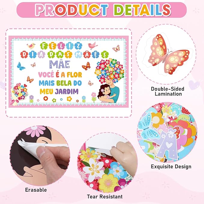 Mother's Day Bulletin Board Set Portuguese Happy Mother's Day Classroom Decoration Feliz Dia DAS MAES Flower Cutouts for Mom Floral Birthday Party School Classroom Home Window Supplies