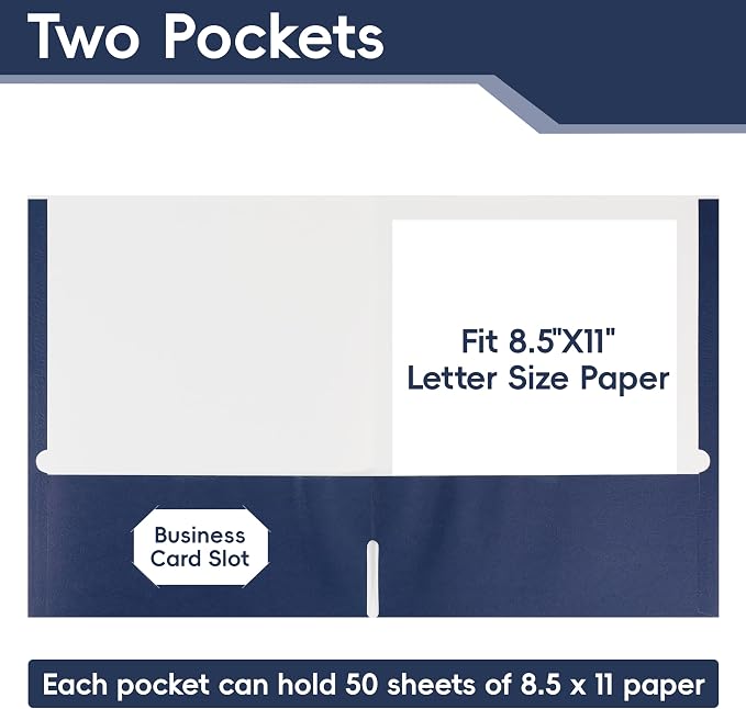 VZCPYTPM 50 Pack Navy Blue Folders with Pockets,2 Pocket File Folders for Letter Size (8.5 x 11 Inch),Professional Design with Business Card Slot for Office and School Organization