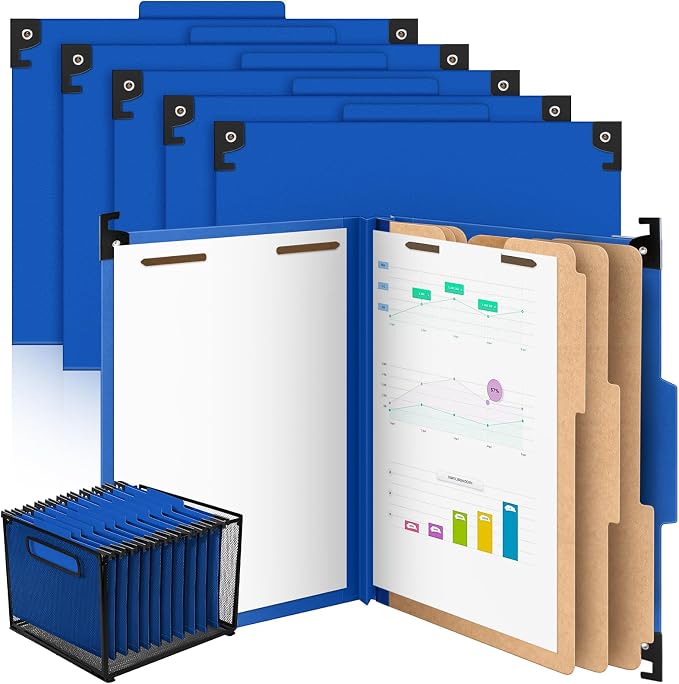 Henoyso 10 Pcs Hanging Classification File Folders, Letter Size Dark Blue Folders with 3 Pressboard Dividers, 8 Fasteners, 4 Inch Expansion, 1/3-cut Top Tab for Medical Records and File Cabinet