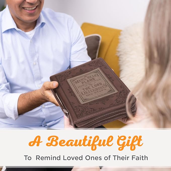 Christian Art Gifts Men's Classic Bible Cover A Man’s Heart Proverbs 16:9, Brown/Tan Faux Leather, Medium