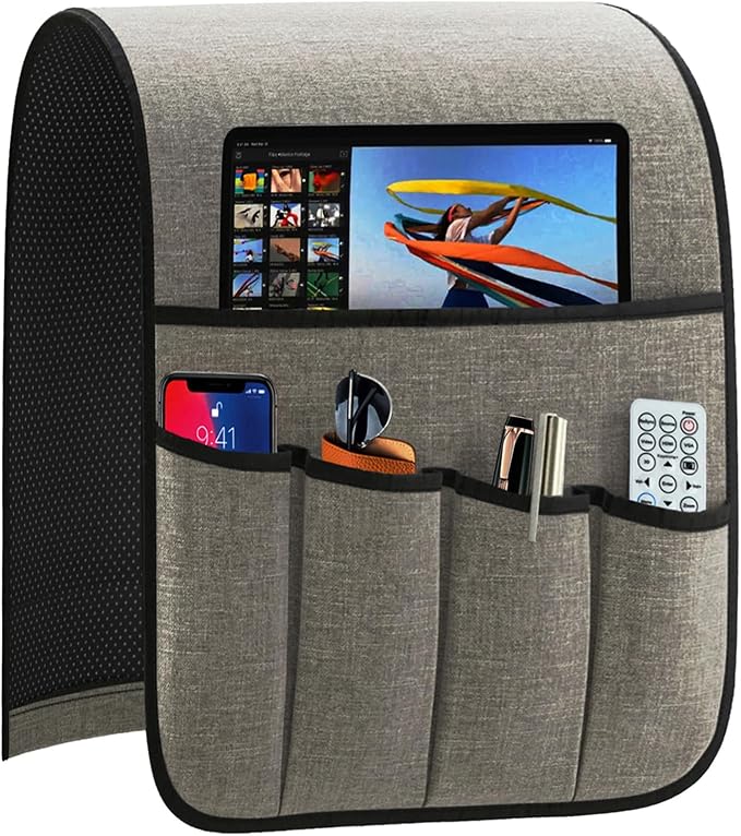 Armrest Organizer Non Slip Remote Control Holder Arm Chair Couch Caddy For Recliner Sofa Bedside With 5 Pocket Storage for Tablet Phone iPad (Lightgrey, W13 x L33)