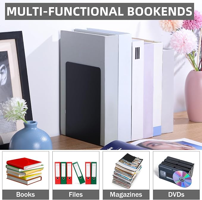 Beeveer 6 Pairs Metal Bookends Book Stopper for Shelves Office Book Holder Library Bookend for Heavy Books Desk Home Bookshelf School (Black)