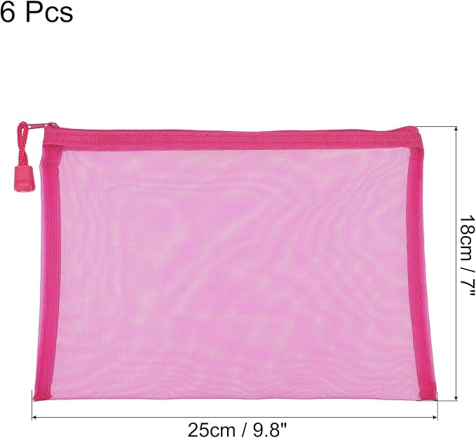 MECCANIXITY Mesh Zipper Bags, A5 Nylon Zip Pouch Pencil Case Storage Pockets for Travel Office Accessories, Rose Red Pack of 6