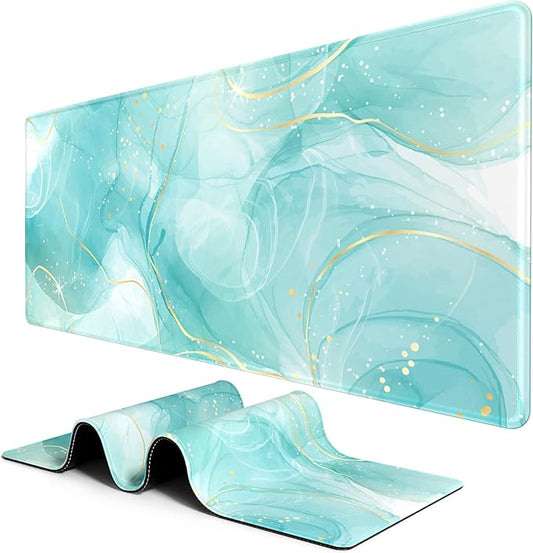 BOSOBO Large Mouse Pad - XXL XL Extended Gaming Desk Mat for Office & Home, Long Keyboard Cover 35.5 x 15.7 Inches, Art Gold Teal Marble