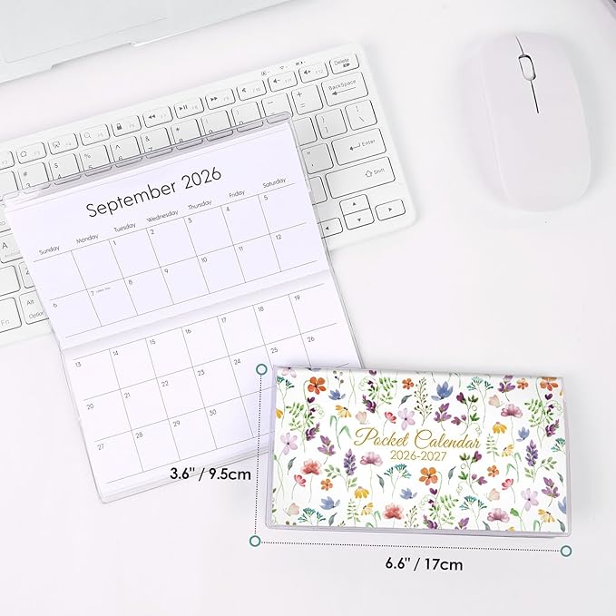 Pocket Calendar 2026-2027 for Purse, 2026-2027 Pocket Planner 24 Months with Soft Waterproof Cover and Premium Paper, 6.5" x 3.5", Bloom