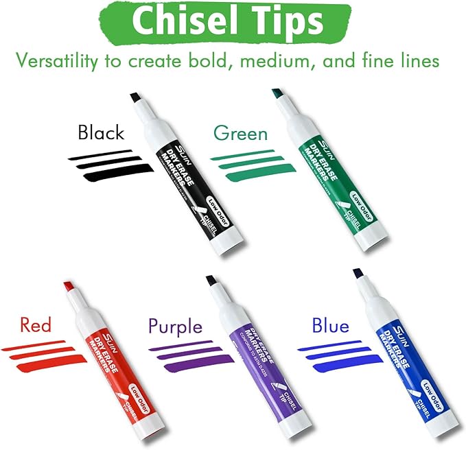 SUIN Dry Erase Markers, Chisel Tip Whiteboard Markers, Low Odor White Board Markers, Chisel Tip Marker, Whiteboard Marker, Assorted 5 Colors, 36 Count