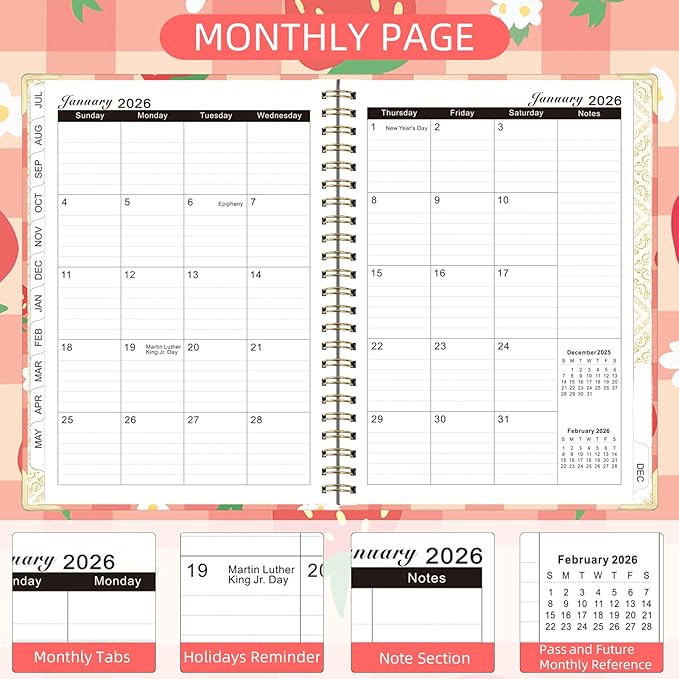 2026 Planner, Jan.2026 - Dec.2026 Planner Weekly and Monthly 6.25"x8.5" with with Page Tabs, Calendar Hardcover with Inner Pocket, Elastic Band, Twin-Wire Binding, Bookmark,Strawberry Lattice