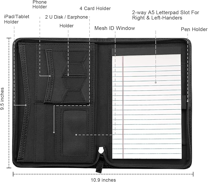 Junior Padfolio/Resume Portfolio Binder with Refillable Lined Notepad, A5 Padfolio Folder, Business Portfolio, Multi-Function Case, A5 Writing Pad Included,Black.