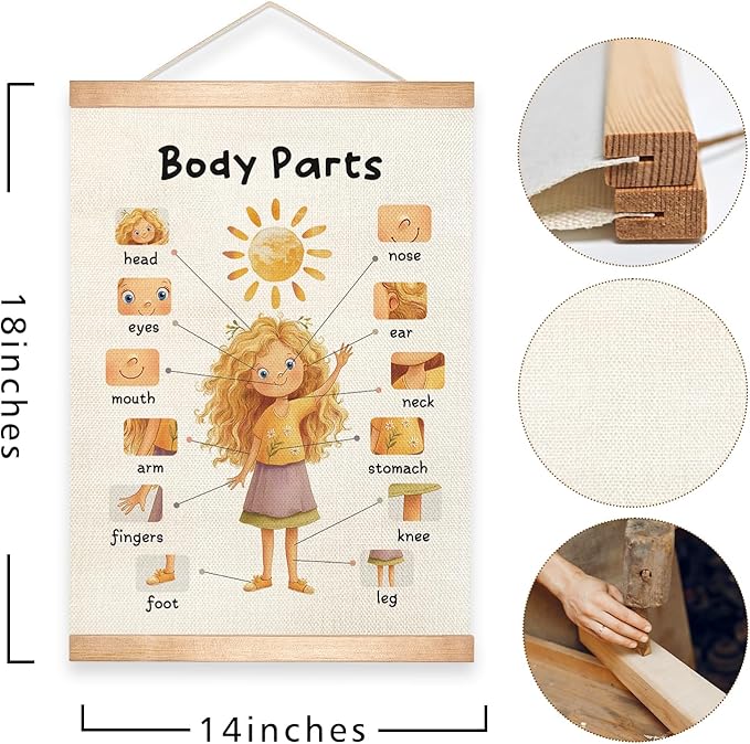 HEYJEEPER Body Parts Learning Posters Set of 2,Linen Educational Wall Art with Wood Hanger, Cute Girl & Boy Body Parts Charts for Toddlers Preschool Classroom Playroom Nursery Decor,18.5x14 Inch
