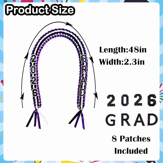 Graduation Leis 2026 Money Ribbon Leis for Graduation Class of 2026 Braided 48inch Graduation Necklace for High School,College Graduation Party Gifts,Purple,White and Black