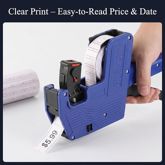 EVGATSAUTO Price Tag Machine with 10 Rolls White Label Sticker, Price Labeller Pricemarker, Price Gun with Labels Kit for Office, Retail Shop, Grocery Store