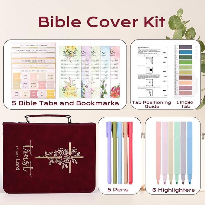 XKDOUS Bible Cover Case for Women, Leather Bible Bags with Study Supplies Journaling Kit, Gold Foiled Carrying Case Large Church Book Holder with Handle, Christian Gifts for Lady