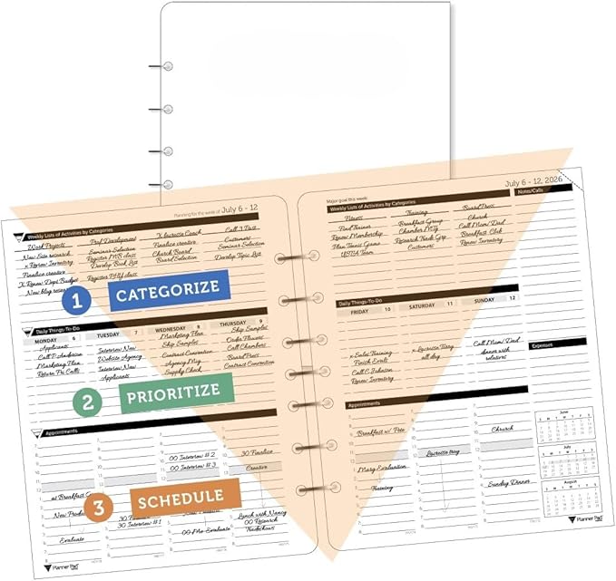 Planner Pad 7 Hole Loose Leaf 3-Tier Funnel Down 12 Month Medium Size Organizer, July 2026 – June 2027 / Academic Year Black Ink, 6 3/4" x 8 1/2"