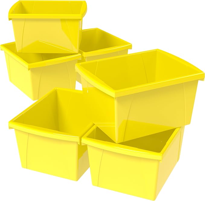 Storex 4 Gallon Storage Bin – Plastic Classroom Organizer for Books and Supplies, 13.625 x 11.25 x 7.87 Inches, Yellow, Case of 6 (61453C06C)