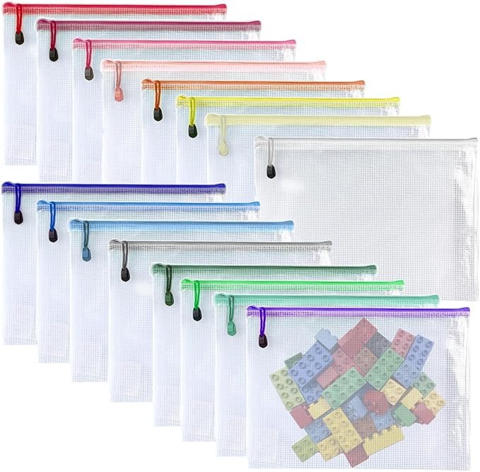 Oaimyy-11 x 14"-16 Pcs-Plastic Mesh Zipper Pouch Document Folders Bag Zip File Bags for Office Supplies,Home,Travel Storages,Puzzle Board Games Storage- (Multicolor)