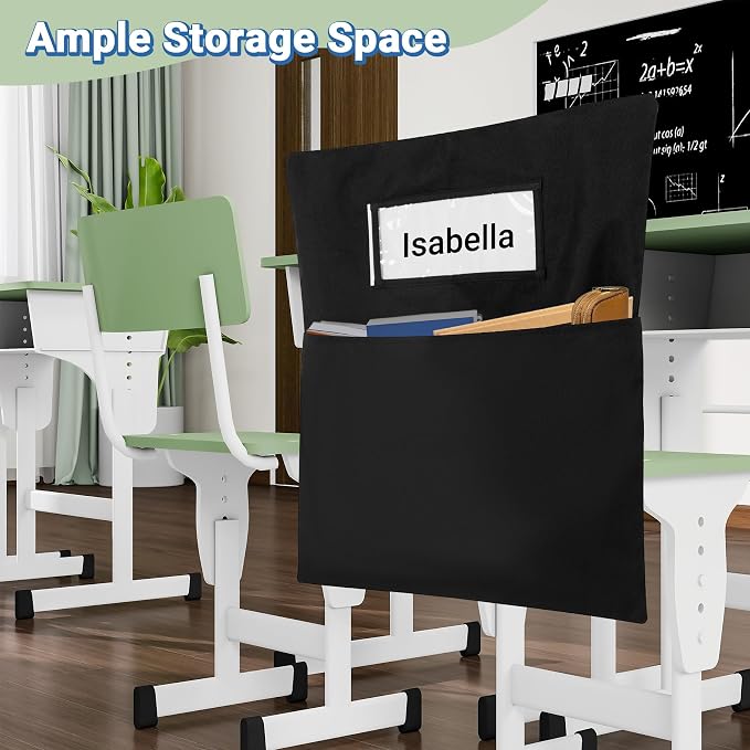 12PCS Chair Pockets for Classrooms 18 x 20 inch | Oxford Black Chair Back Buddy Pockets with Name Slot & Tags, Back of Chair Organizer for Classroom Chairs Seat Storage
