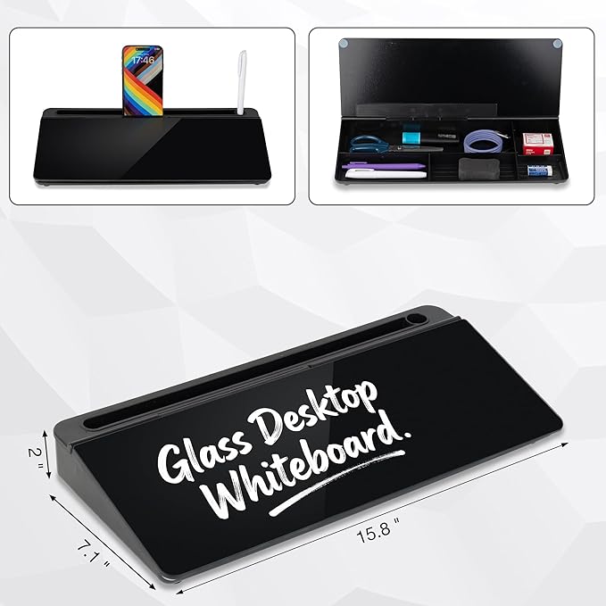 Glass Desktop Whiteboard 15.8×7”, Dry Erase Note Memo Board, Desk Organizer with Storage for Desk, Home, Study, Office, Back to School Supplies, Black, 2026