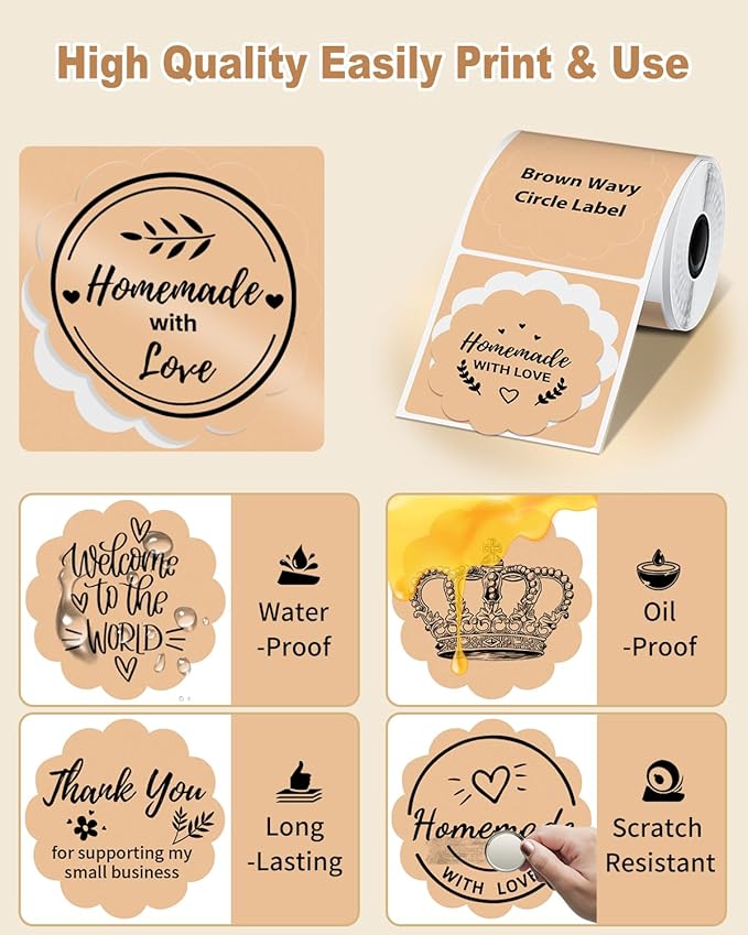 Phomemo Thermal Labels-Brown Round Kind of Flower Shaped 1.96" x 1.96"(50x50 mm) for Barcode,Address,Business,Logo,DIY,Home Tag, for M110/M220/M221/M100/M250 Label Maker, Black on Brown, 140/roll