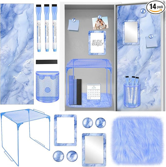 Demonwer Blue Locker Accessories Kit Locker Organizer Magnetic Mirror Whiteboard Pen Holder Small Carpet for Storage Organizing Shelf Back to School Party Supply