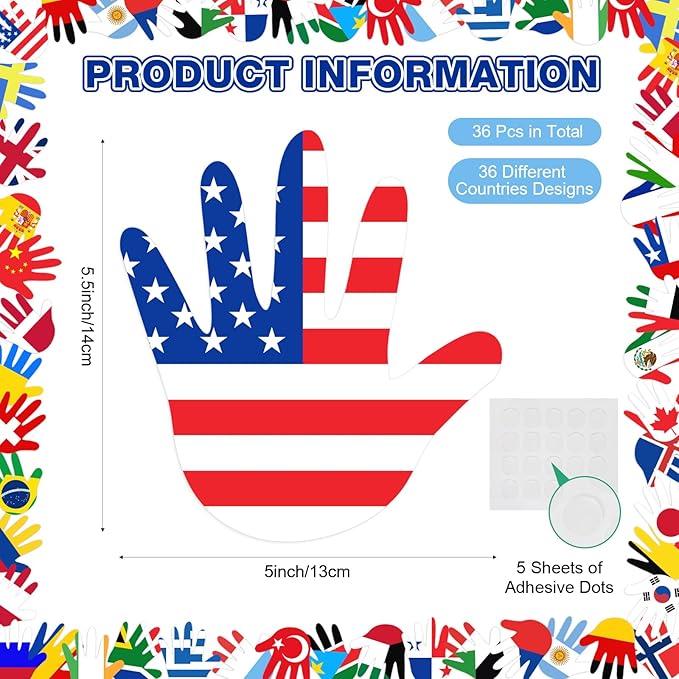 Fullhawl 36 Pcs Around The World Bulletin Board Set Flags of The World Multicultural Hands Cut Out Decorations International Country Flags History Classroom Decor Diversity Back to School Wall Door
