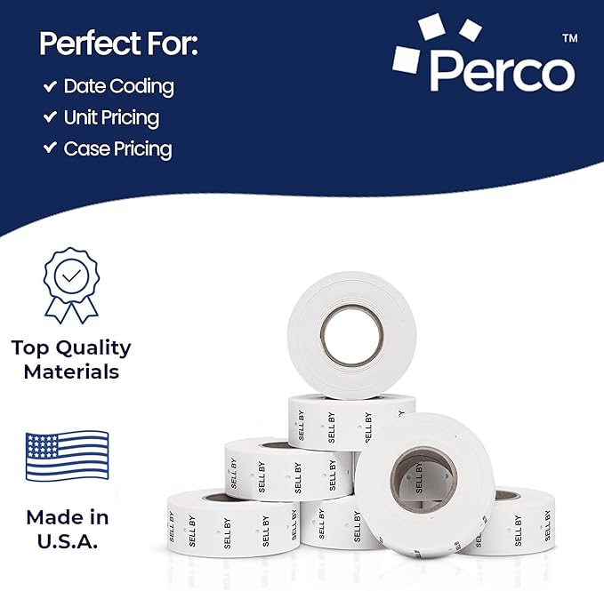 Perco 2 Line Sell BY Labels - 80 Rolls, 10 Sleeves, 60,000 Blank Date Gun Labels for Perco 2 Line Date Guns - Made in USA