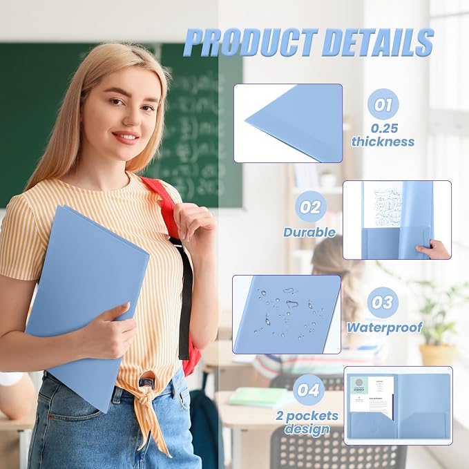 Gueevin 72 Pack Plastic Folder with Pockets, 2 Pocket Folders, Plastic Glossy Folders Fit Letter Size Paper, Heavy Duty Durable File Folder with Business Card for Home Office School (Haze Blue)
