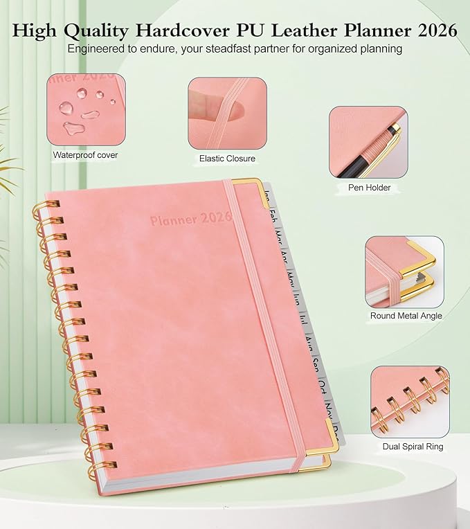 2026 Planner, Hardcover Leather Weekly and Monthly Planner, January 2026 - December 2026, Spiral Yearly Agenda Organizer Book 2026 with Tabs, Daily Calendar Planners for School Work Home, A5 (5.75" x 8.38"), Pink