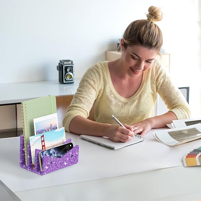 Mail Organizer Envelope Holder - 3 Compartments Glitter Purple Acrylic Mail Holder Countertop Vertical Desk Organizer Small File Bill Document Notebook Letter Sorter for Home School Office