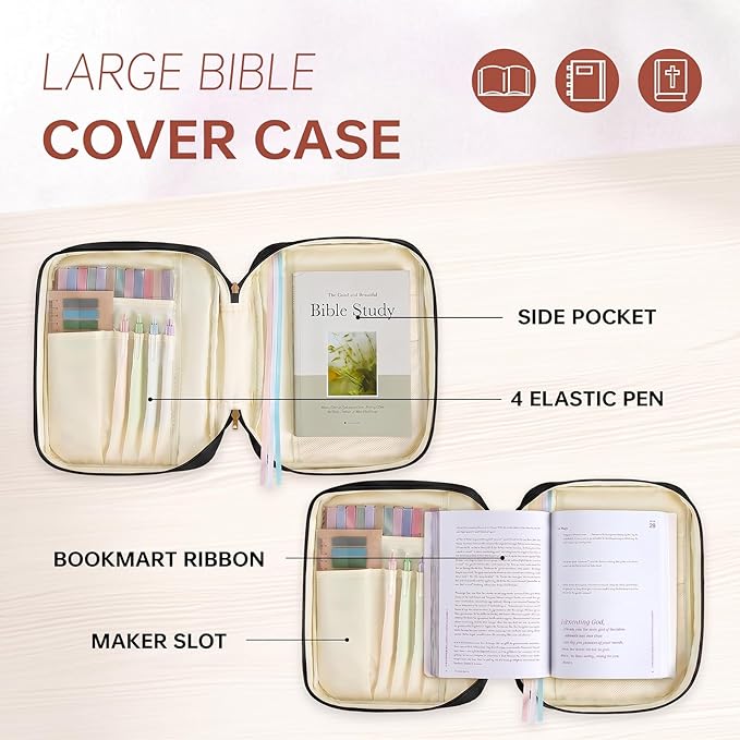 Bible Cover Bible Book Cover Bible Case for Women Canvas Carrying Case Book Protector Quilted Vegan Leather Bible Covers Study Supplies Accessories (Black-Brown, One Size)