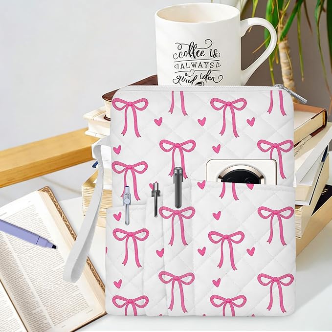 Bible Study Supplies Kit for Women, Quilted Pink Bow Bible Cover Case, Bible Bag with Handle Zipper & Pockets, Book Sleeve Pouch, Bible Accessories Gift for Girls,10x8 Inch