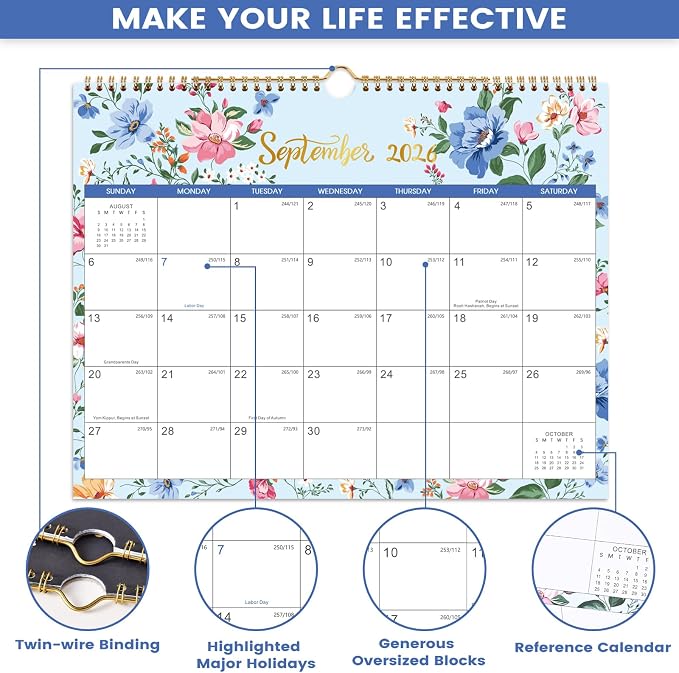 Calendar 2026-2027 - Wall Calendar 2026-2027, Jul. 2026 - Dec. 2027, 15" x 11.5", 18 Monthly Wall Calendars, Twin-Wire Binding + Hanging Hook + Thick Paper + Julian Dates - Floral