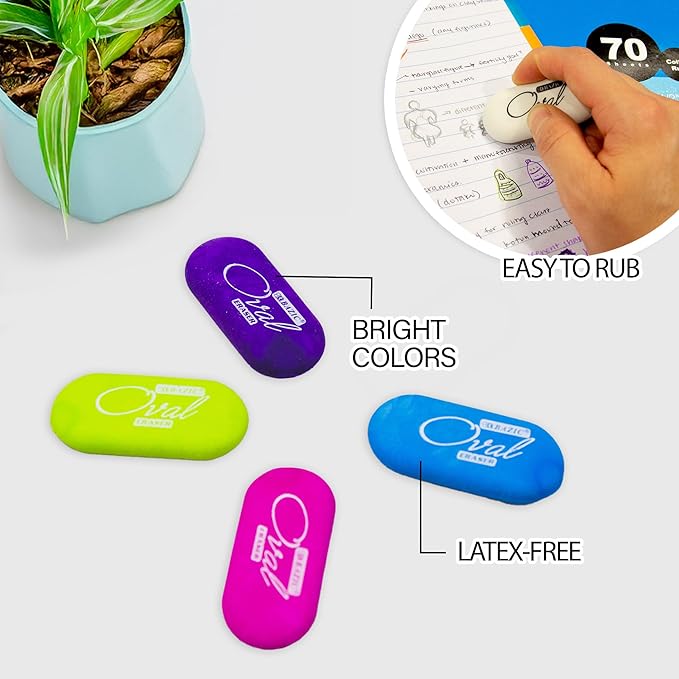 BAZIC Products Erasers, Bright Color Oval Eraser (4/Pack) Latex Free, Large Size Block Erasers for Art Drawing School Office Teachers, 1-Pack