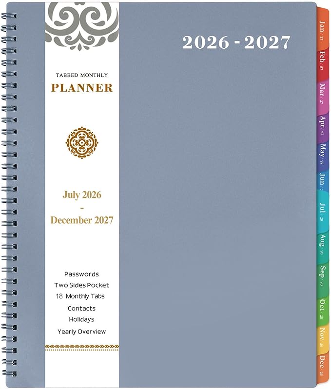 2026-2027 Monthly Planner/Calendar, July 2026 - December 2027, 18 Monthly Planner with Tabs & Pocket & Label, Contacts, 9" x 11", Thick Paper, Twin-Wire Binding - Dark Grey