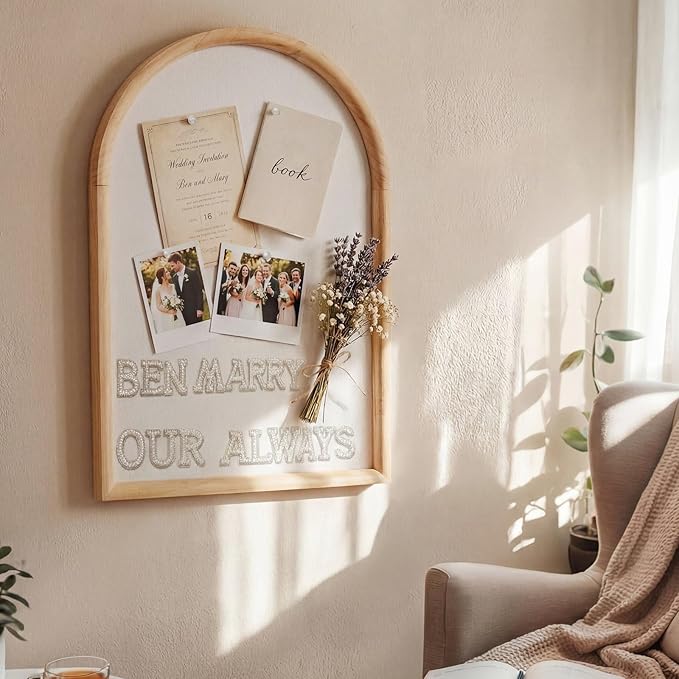Arch Bulletin Board with Pin Linen Wedding Display Framed Decorative 24x16 Hanging Wood Vision Cork Board for Office Wall School Home Decor, 70 Pearl Studs, 26 Letter Stickers(Natural)