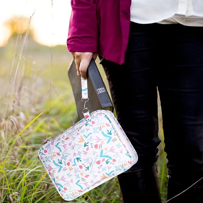 Bible Bag for Girls Organizer - Dual Zipper Compartments with 7 Pen Slots for Church Bible Study, Christian Gift for Teen (Floral-White)
