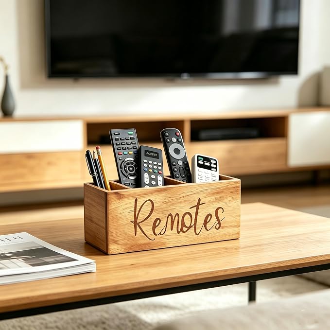 Remote Control Holder, Farmhouse Wood TV Organizer for Table, Wooden Remote Control Organizer, Remote Storage Caddy, Remote Control Organizer (Brown, 9.8 Inch Labeled Remote)