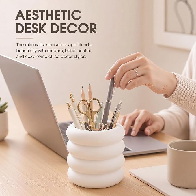 Aesthetic Desk Organizer Boho Pen Holder Modern Pencil Holder Beige Plastic Makeup Brush Organizer for Office Desk Accessories Stylish Home Office Art Decor Supplies(Wavy)