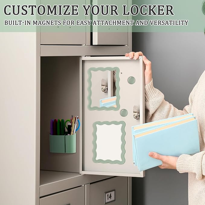 Jingmore Scalloped Magnetic Locker Accessories Kit Sage Green Back to School Essentials 6 Pieces Includes Whiteboard Mirror and Organizing Supplies Cute Locker Organizer Decoration for School