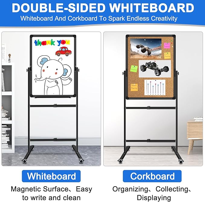 Max-officoo Double Sided Standing Corkboard and Magnetic White Board Dry Erase, 24"x36" Adjustable Height & Angle Mobile Whiteboard with Rolling Wheels