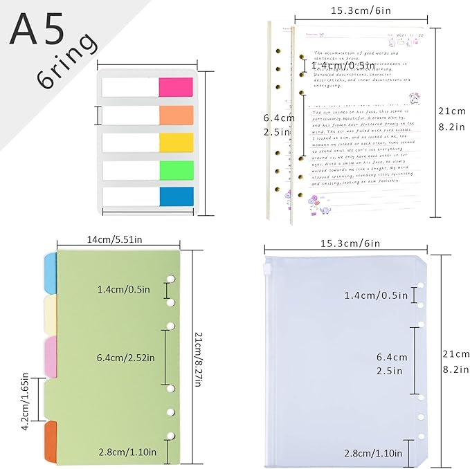 Rancco A5 Refill Line Paper, Colorful 6-Rings Binder Papers Refill, Filofax Notebook Inserts Refills Loose-leaf Binder Paper for Planner Journal Dairy, 90 Pages,Double-sided writing, 8.3x5.5", Memo