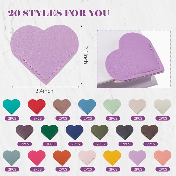 Sabary 40 Pcs Leather Heart Bookmarks Corner Bulk Page Markers for Women Teachers Students Book Lovers Cute Heart Shape Reading Gifts for Back to School Office Home Supplies(Classic Color)