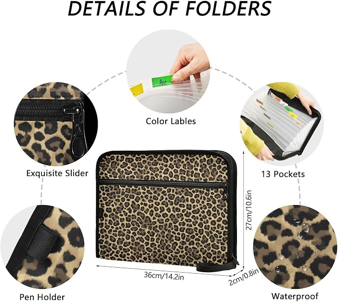 Brown Leopard Print Accordion File Organizer Expanding Document Folder with 13 Pockets Portable File Folder for A4 Letter Size
