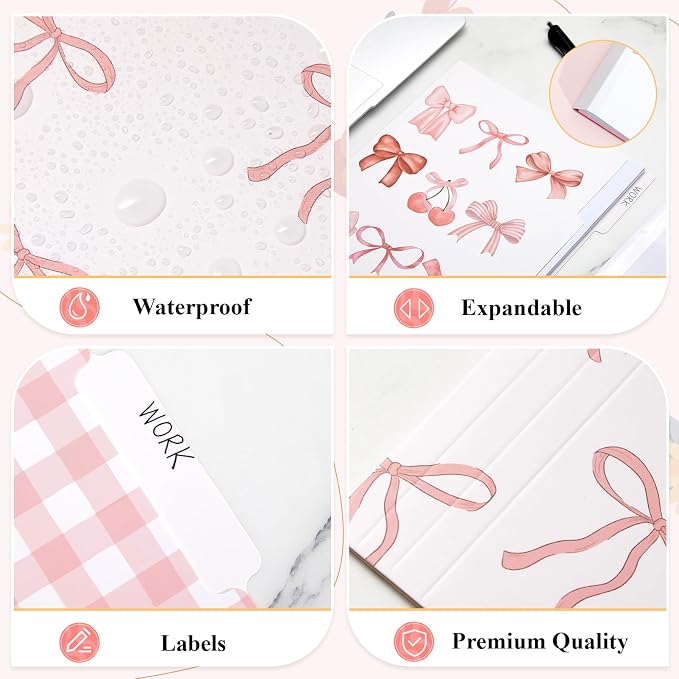 Yaomiao 12 Pcs Coquette Pink Bow File Folders, Letter Size Bowknot Plaid Decorative File Organizer with 1/3 Cut Tab, Cute Pretty Document Holder for Office Home Studyroom Birthday Gifts, 8.5 x 11 Inch