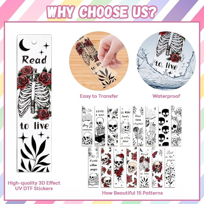 Peacoblue 30pcs UV DTF Bookmarks Transfer Stickers Wraps Skull and Flower for Women Men Reading, Waterproof Bookmarkers Decal(No Blank Bookmarks) for Acrylic Plastic Metal Blank Bookmark