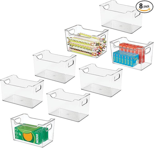 mDesign Deep Plastic Office Storage Bins with Handles for Organization in Filing Cabinet, Closet, or Desk Drawers, Organizer for Notes, Pens, Pencils, and Staples - Ligne Collection - 8 Pack - Clear