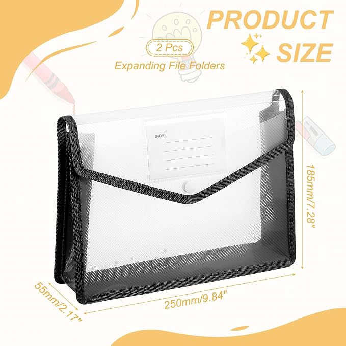 PATIKIL Plastic Expanding File Folders, 2 Pack B5 File Folder Envelopes Letter Size Document Organizer Supplies with Snap Closure for Classroom Office, Black, Horizontal
